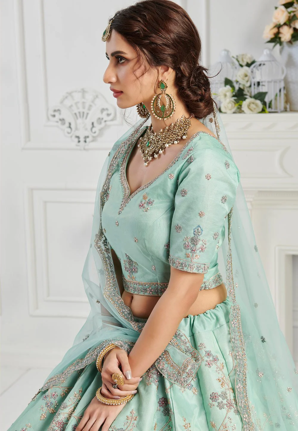 Pale Turquoise Sequins Embroidered Silk Bridal Lehenga Choli - Image 2