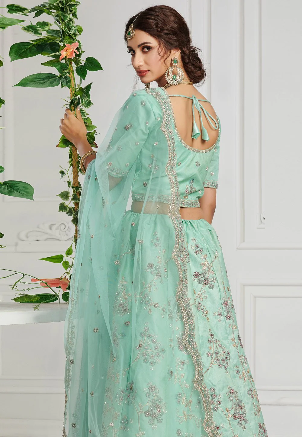 Pale Turquoise Sequins Embroidered Silk Bridal Lehenga Choli - Image 3