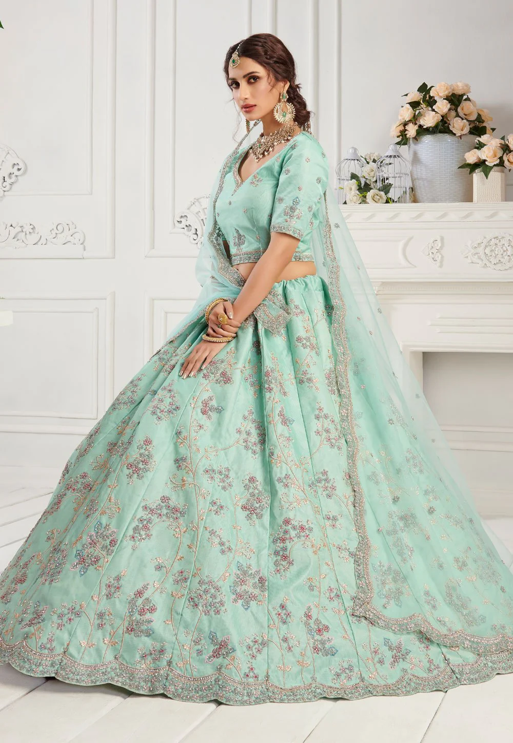 Pale Turquoise Sequins Embroidered Silk Bridal Lehenga Choli - Image 4