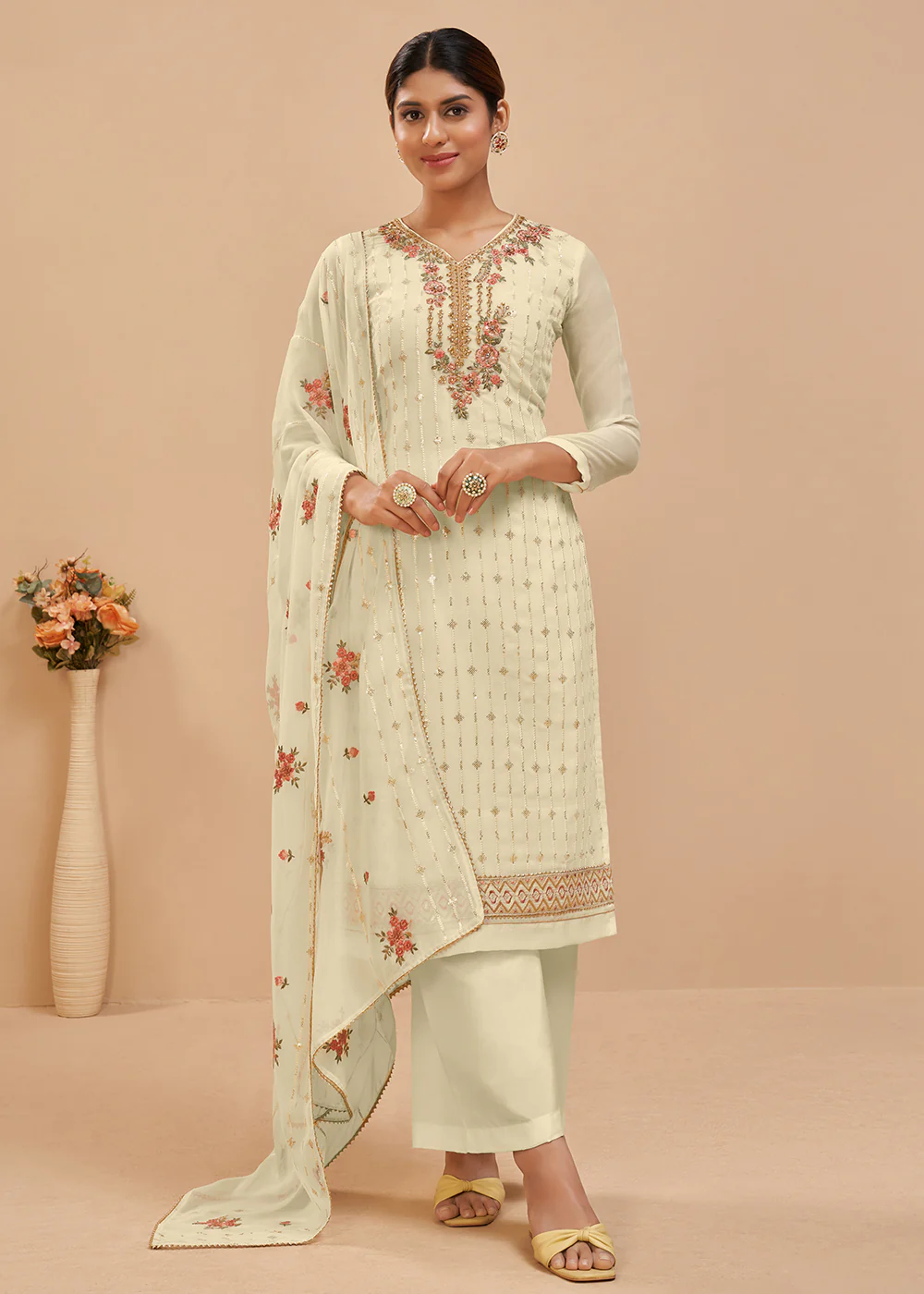 Pale Yellow Beautifully Embroidered Elegant Salwar Kameez - Image 3