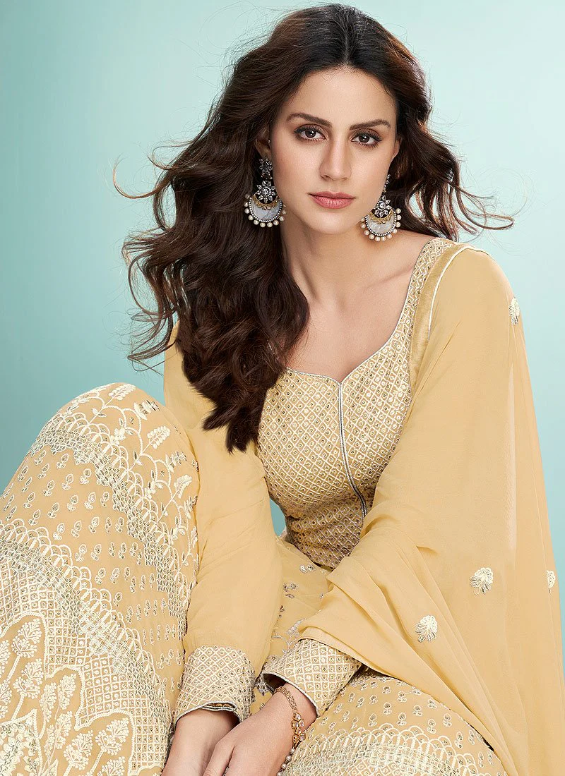 Pale Yellow Georgette Chikankari Embroidered Anarkali - Image 2