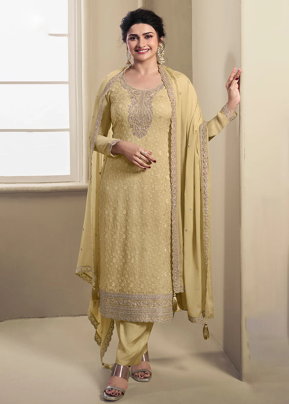 Pale Yellow Schiffli Embroidered Organza Salwar Suit