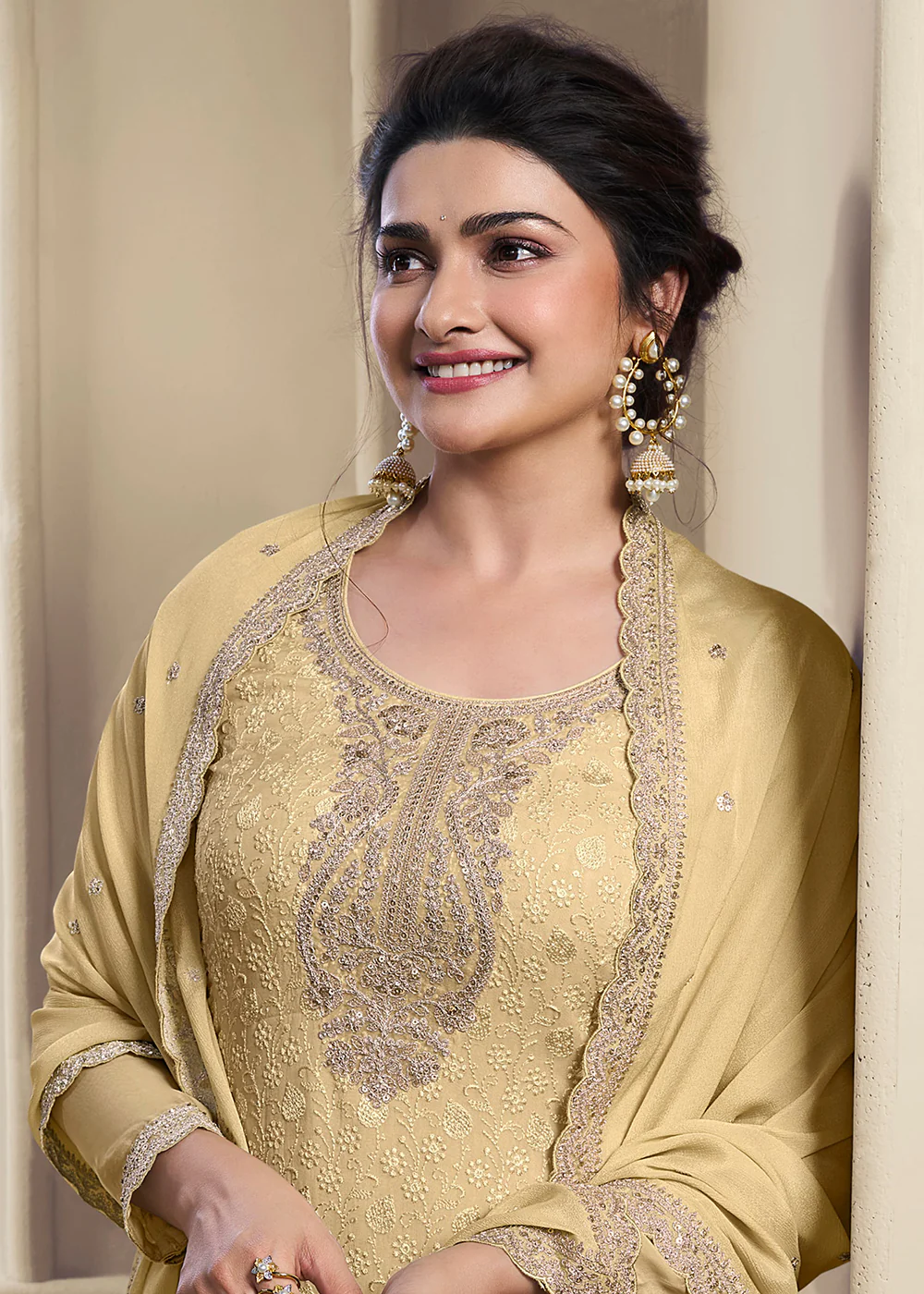 Pale Yellow Schiffli Embroidered Organza Salwar Suit - Image 2