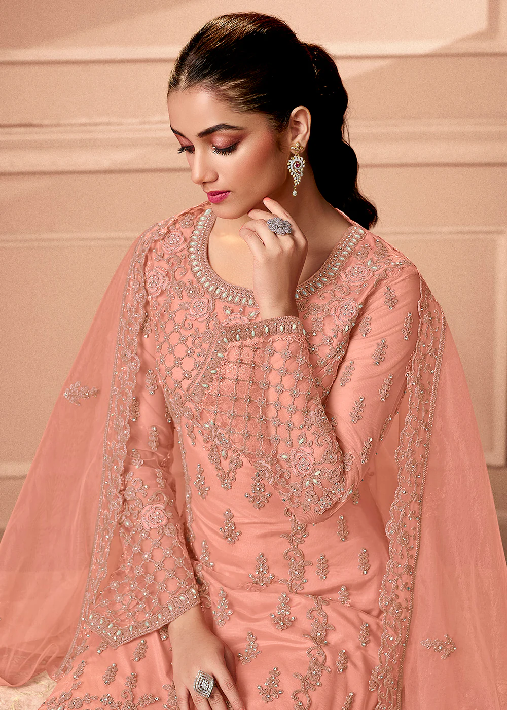 Pant Style Appealing Peach Embroidered Wedding Salwar Suit - Image 2