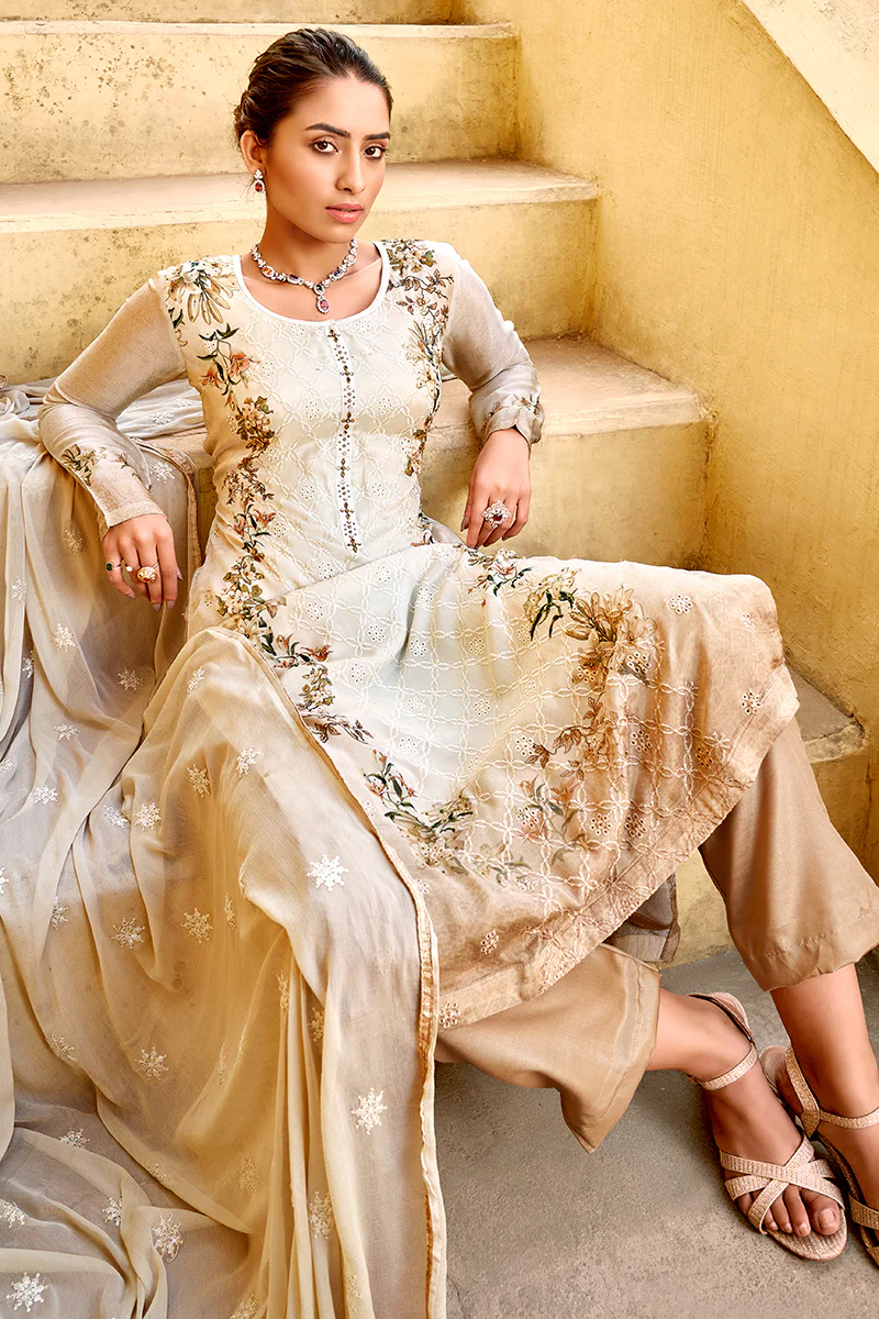 Pant Style Beige & Cream Embroidered Pure Viscose Suit - Image 3