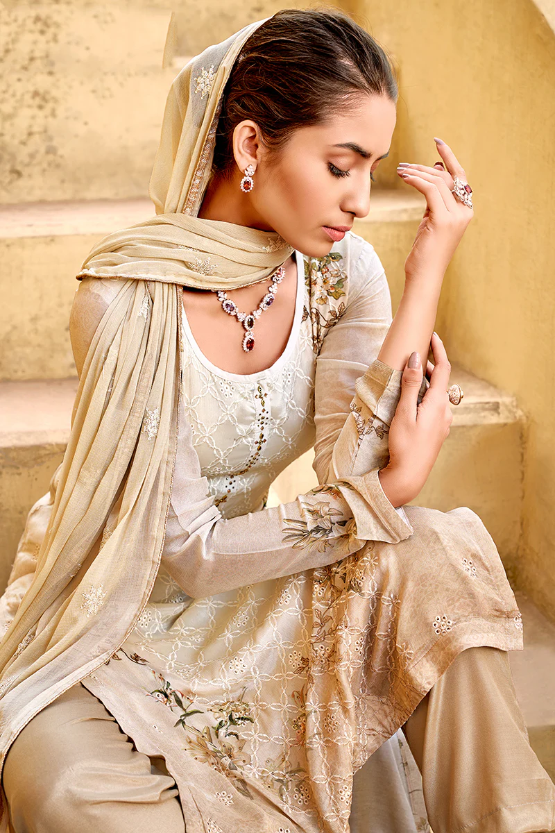 Pant Style Beige & Cream Embroidered Pure Viscose Suit - Image 4