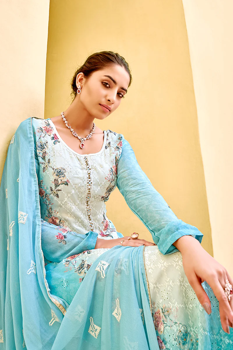 Pant Style Blue & Cream Embroidered Pure Viscose Suit - Image 3