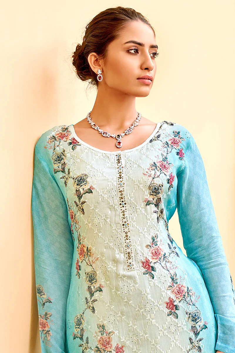 Pant Style Blue & Cream Embroidered Pure Viscose Suit - Image 4