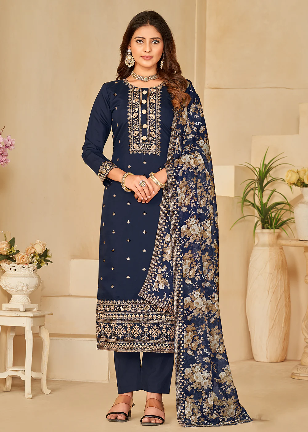 Pant Style Blue Silk Embroidered Ethnic Salwar Kameez