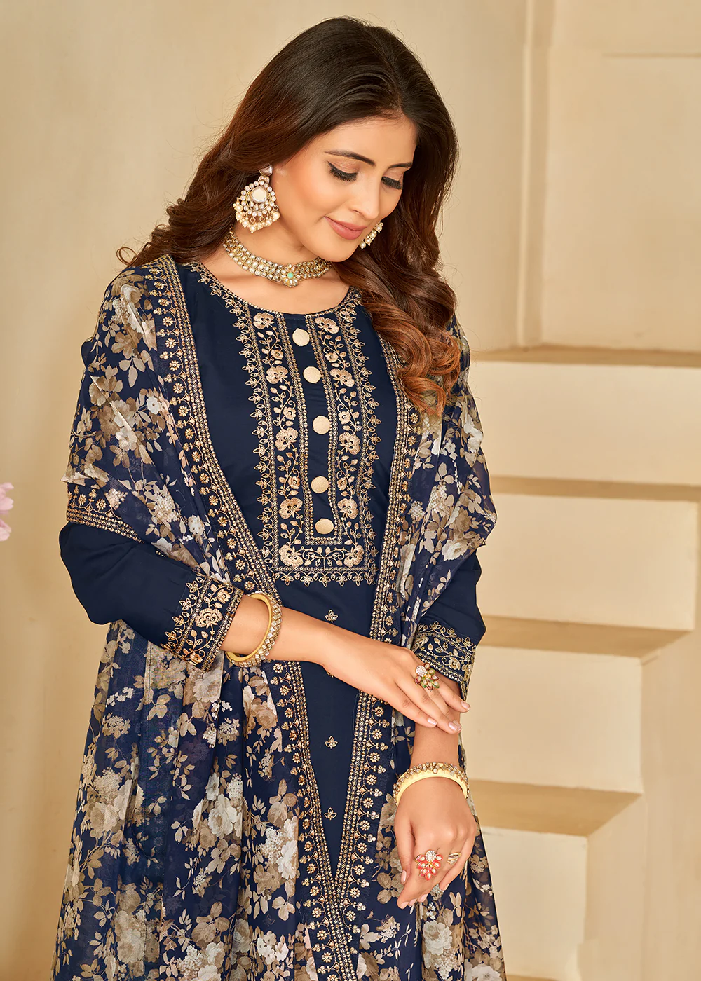 Pant Style Blue Silk Embroidered Ethnic Salwar Kameez - Image 2