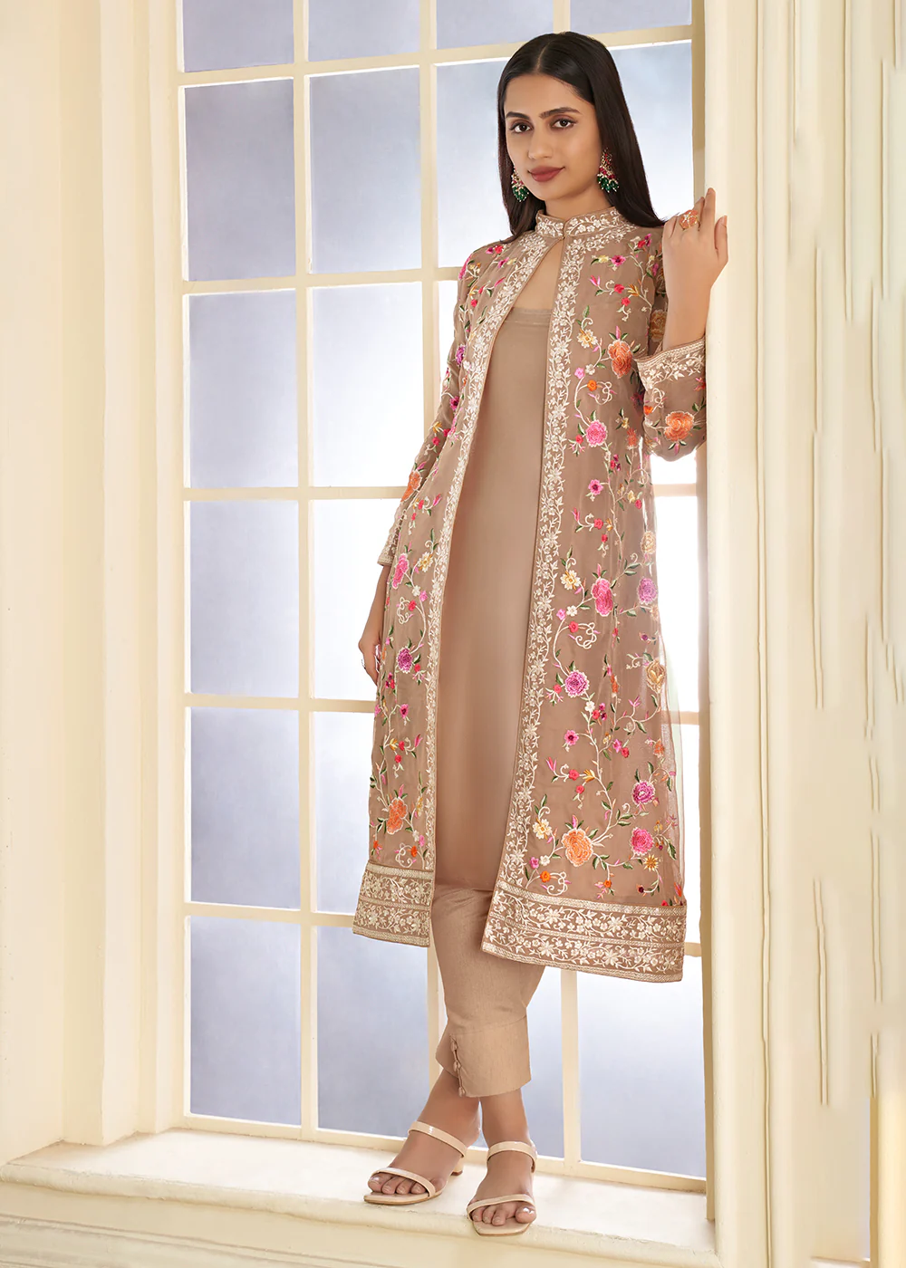 Pant Style Charismatic Light Brown Party Wear Jacket Style Salwar Suit - Image 3