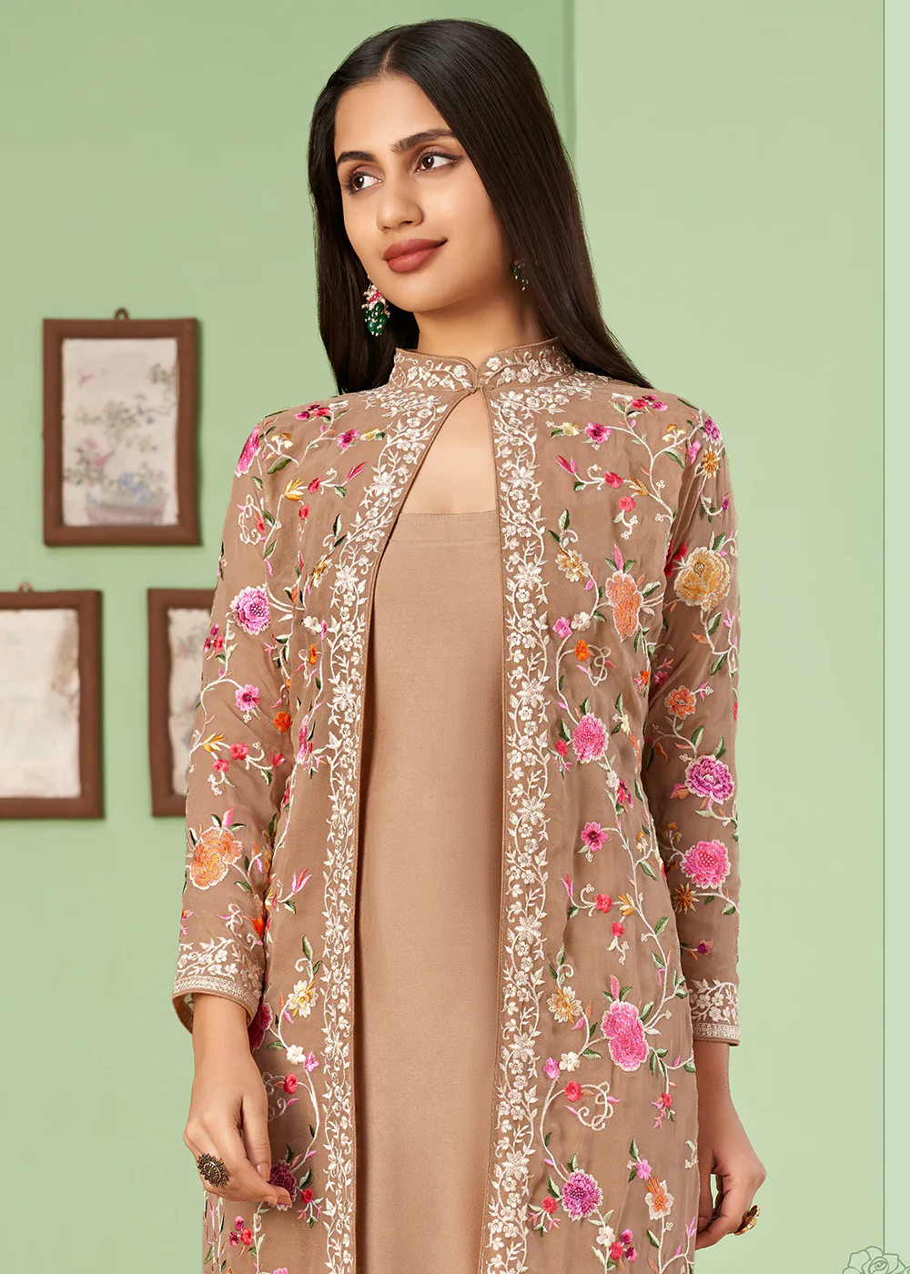 Pant Style Charismatic Light Brown Party Wear Jacket Style Salwar Suit - Image 4