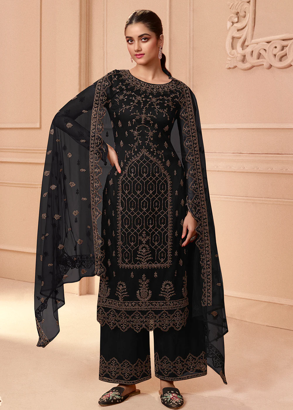 Pant Style Classy Black Embroidered Wedding Salwar Suit