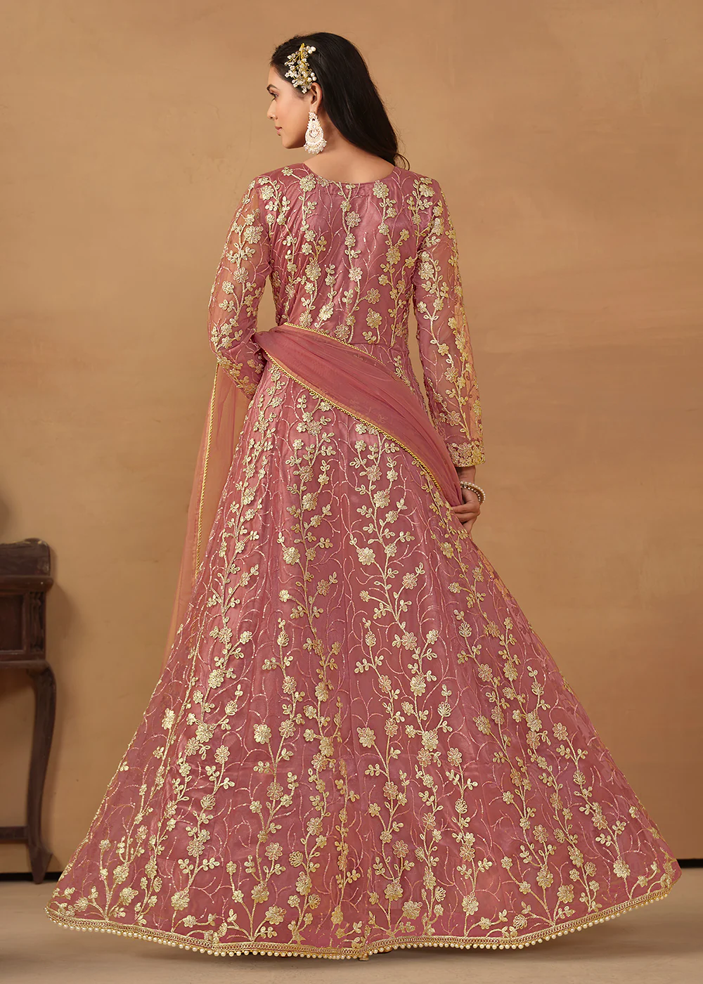 Pant Style Coral Pink Embroidered Net Wedding Anarkali Suit - Image 3