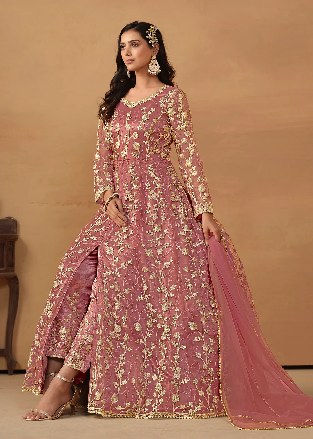 Pant Style Coral Pink Embroidered Net Wedding Anarkali Suit - Image 4