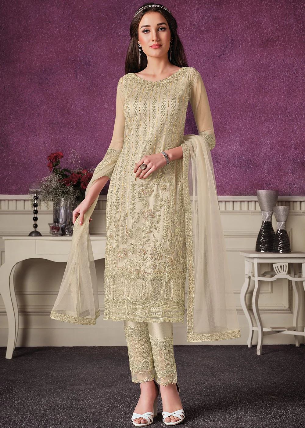 Pant Style Cream Sequins Embroidered Designer Suit