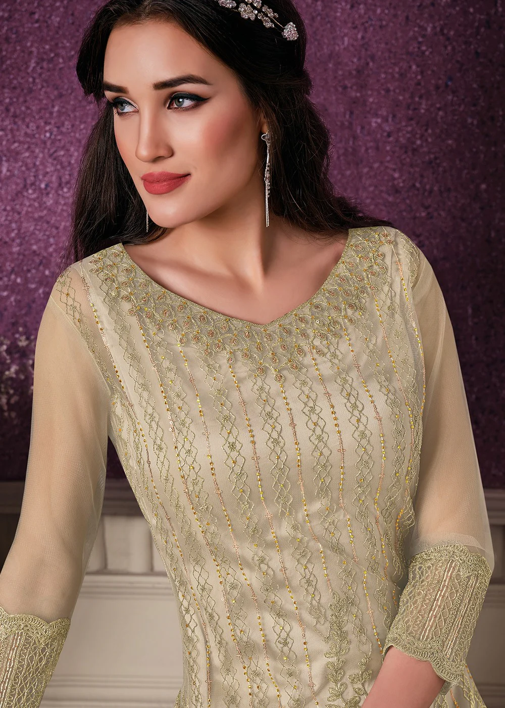 Pant Style Cream Sequins Embroidered Designer Suit - Image 2
