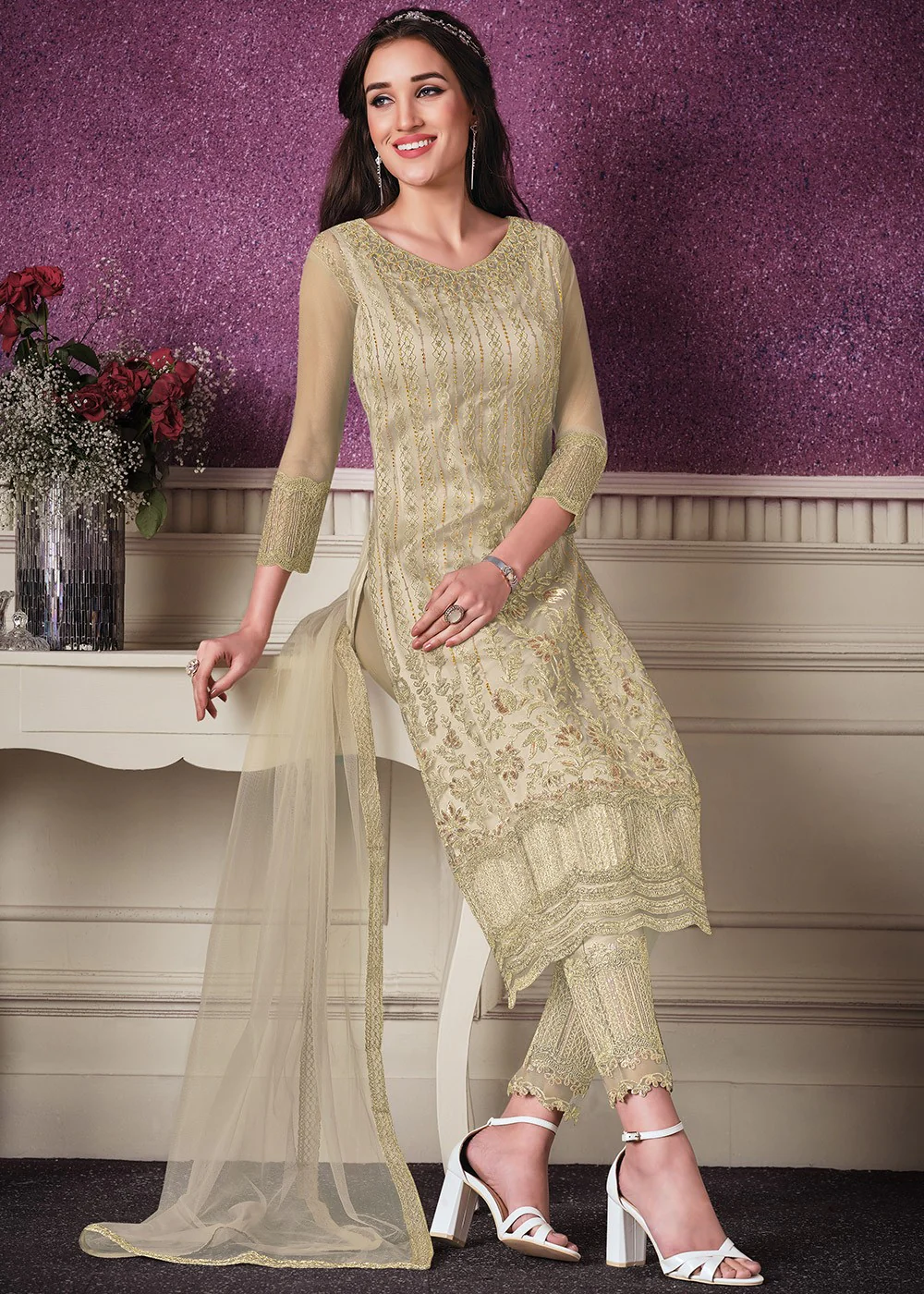 Pant Style Cream Sequins Embroidered Designer Suit - Image 3