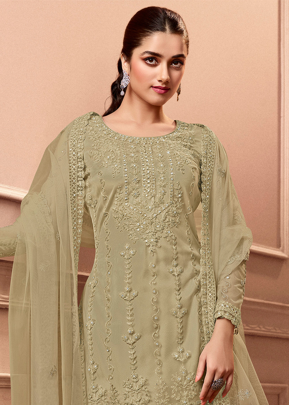Pant Style Dusty Grey Embroidered Wedding Salwar Suit - Image 2