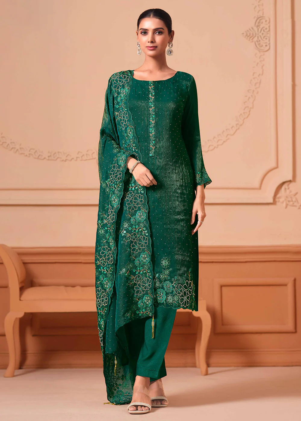Pant Style Embroidered Green Festive Wear Salwar Suit