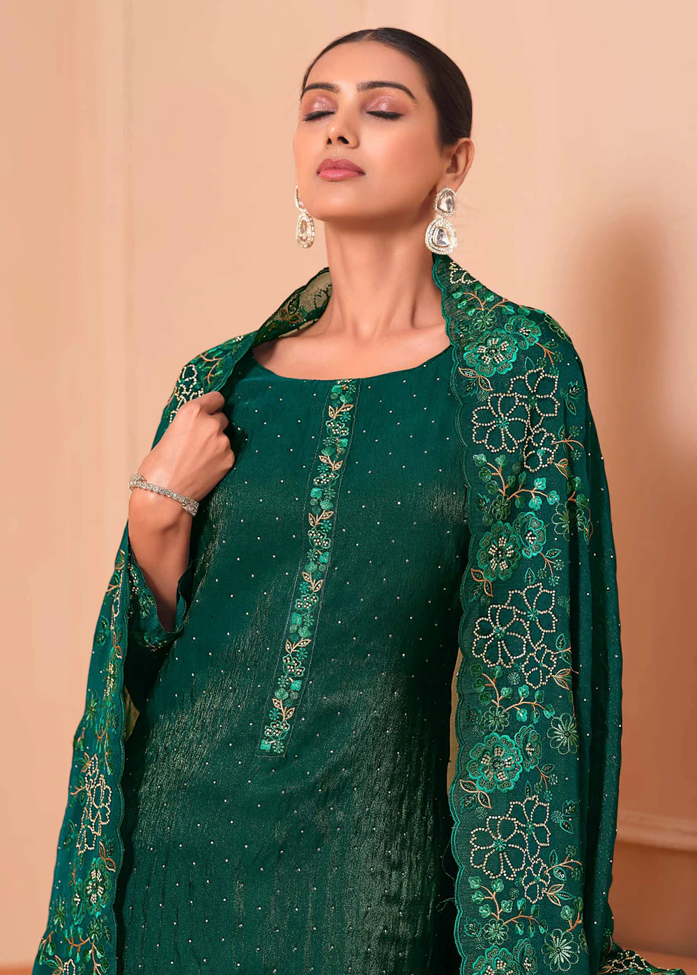 Pant Style Embroidered Green Festive Wear Salwar Suit - Image 2