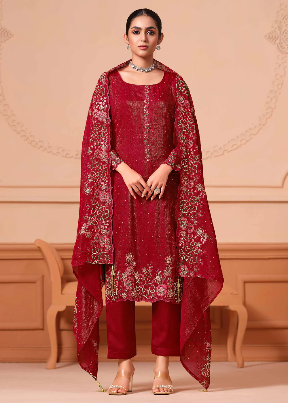 Pant Style Embroidered Red Festive Wear Salwar Suit