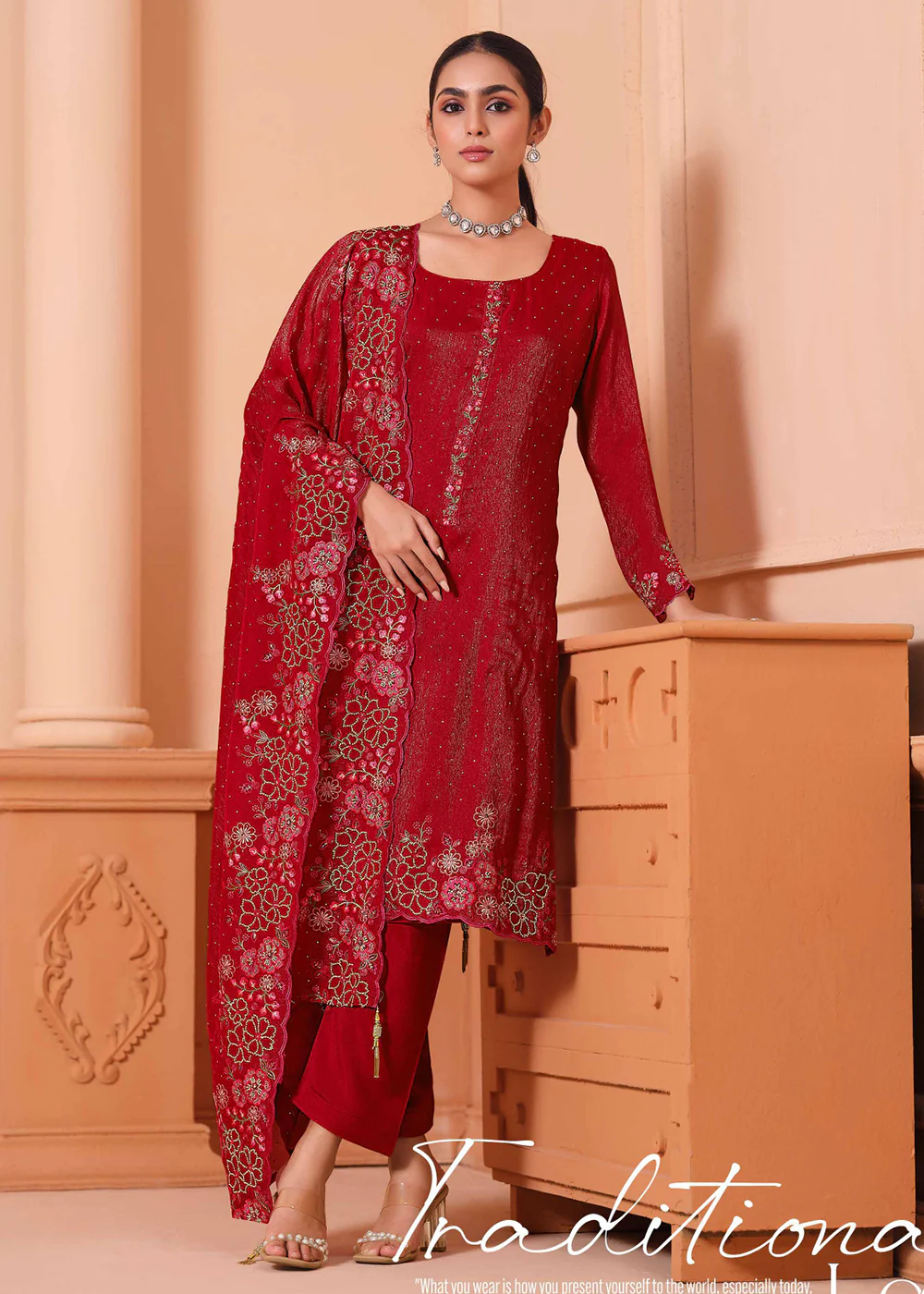 Pant Style Embroidered Red Festive Wear Salwar Suit - Image 3