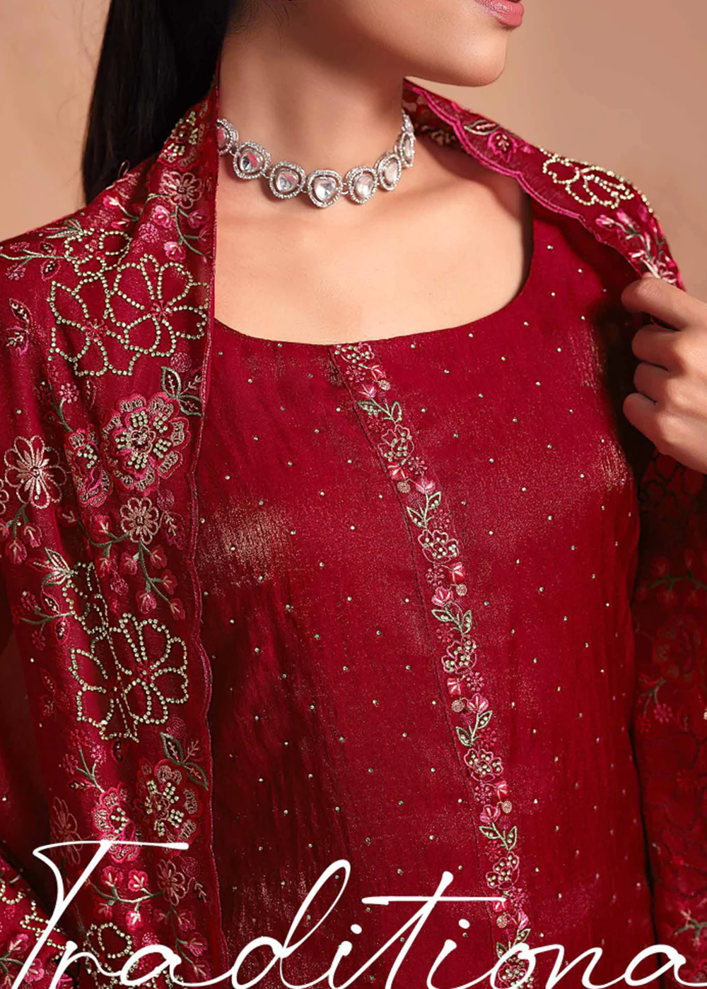 Pant Style Embroidered Red Festive Wear Salwar Suit - Image 4