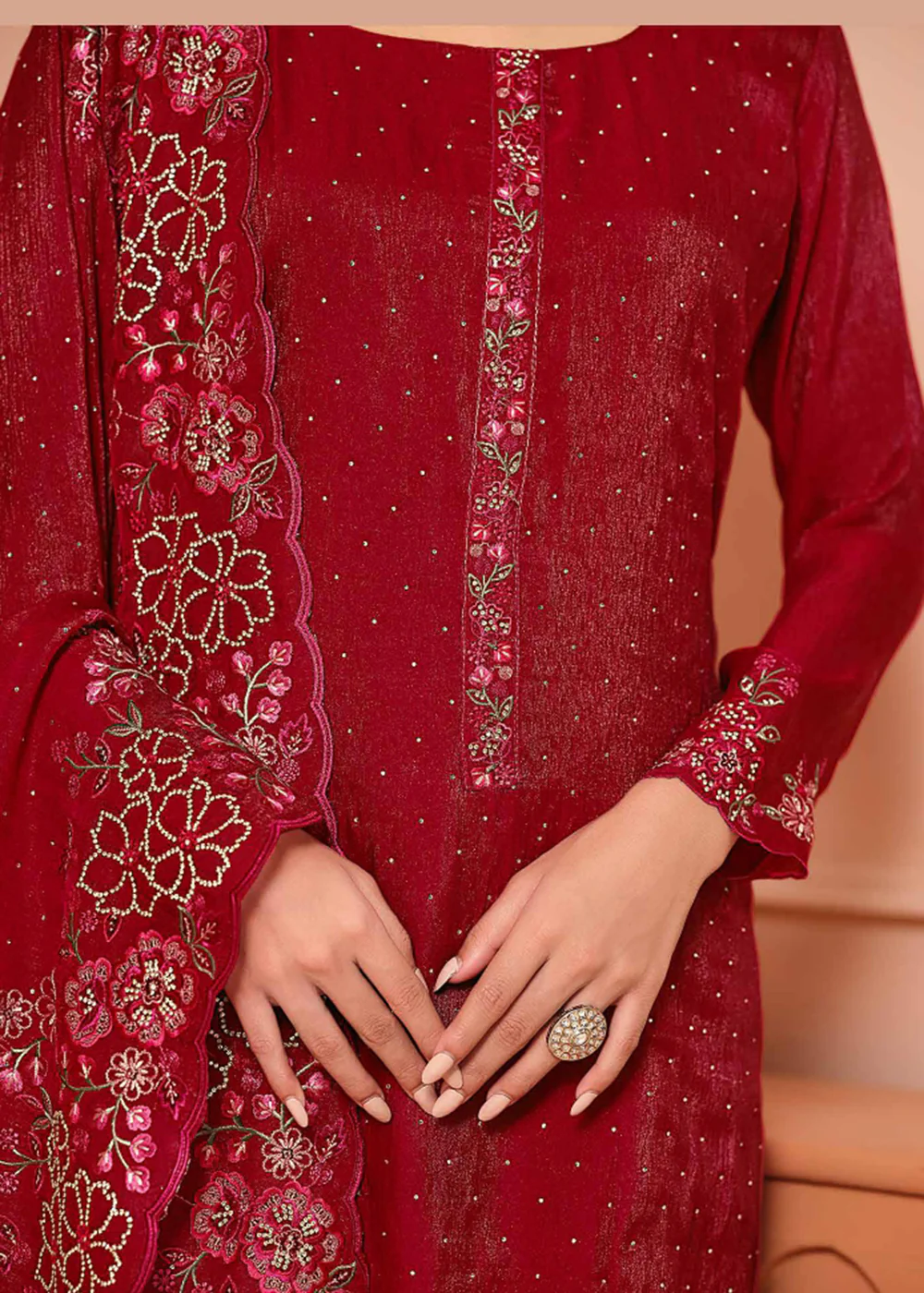 Pant Style Embroidered Red Festive Wear Salwar Suit - Image 5