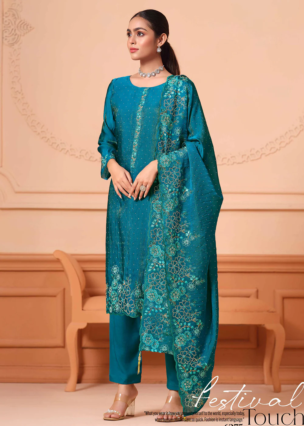 Pant Style Embroidered Teal Festive Wear Salwar Suit