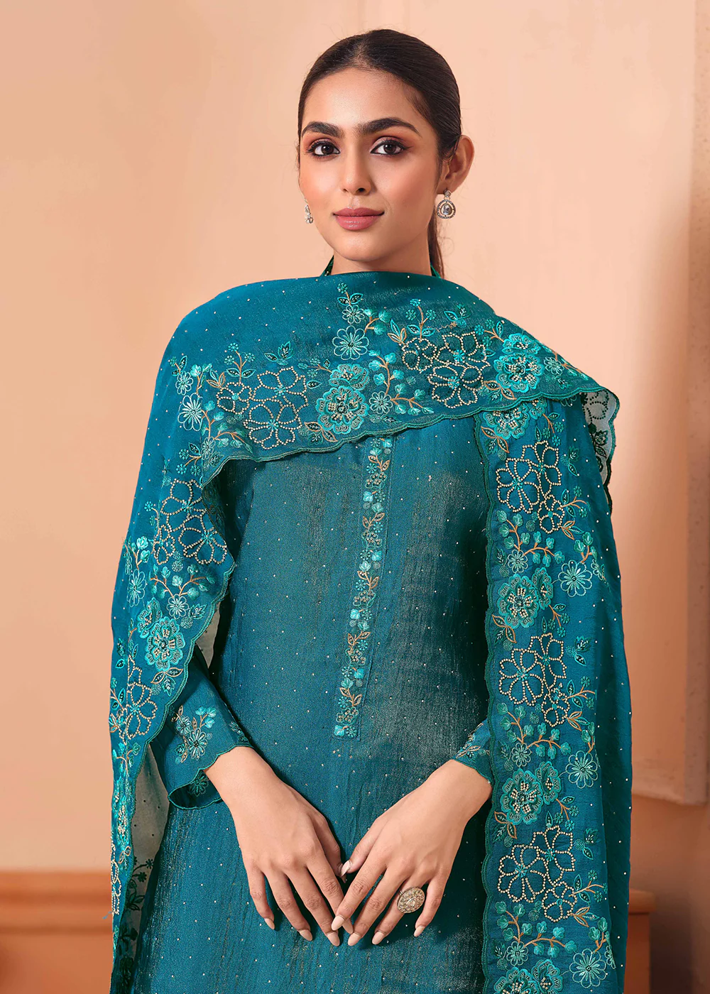 Pant Style Embroidered Teal Festive Wear Salwar Suit - Image 2