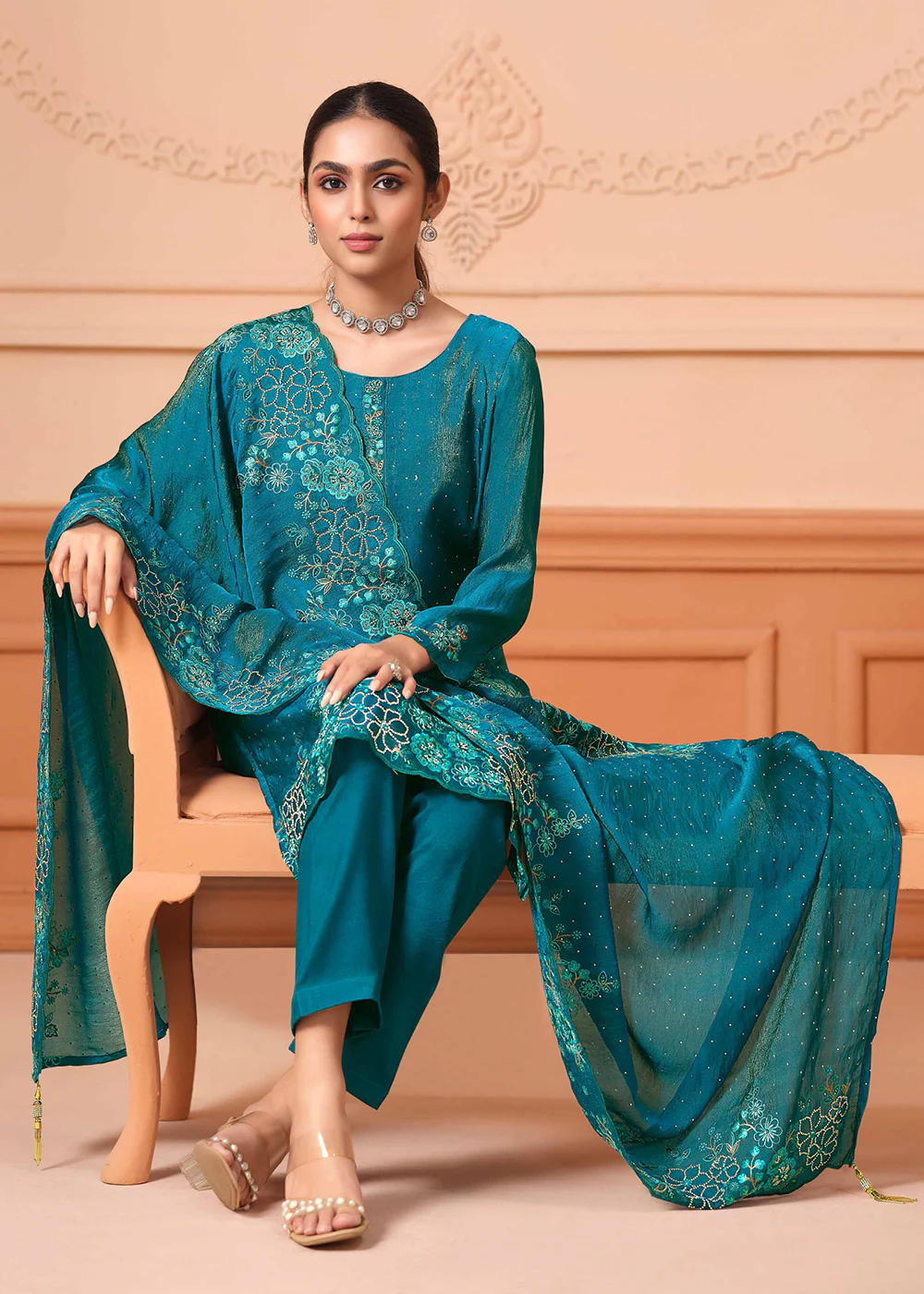 Pant Style Embroidered Teal Festive Wear Salwar Suit - Image 3