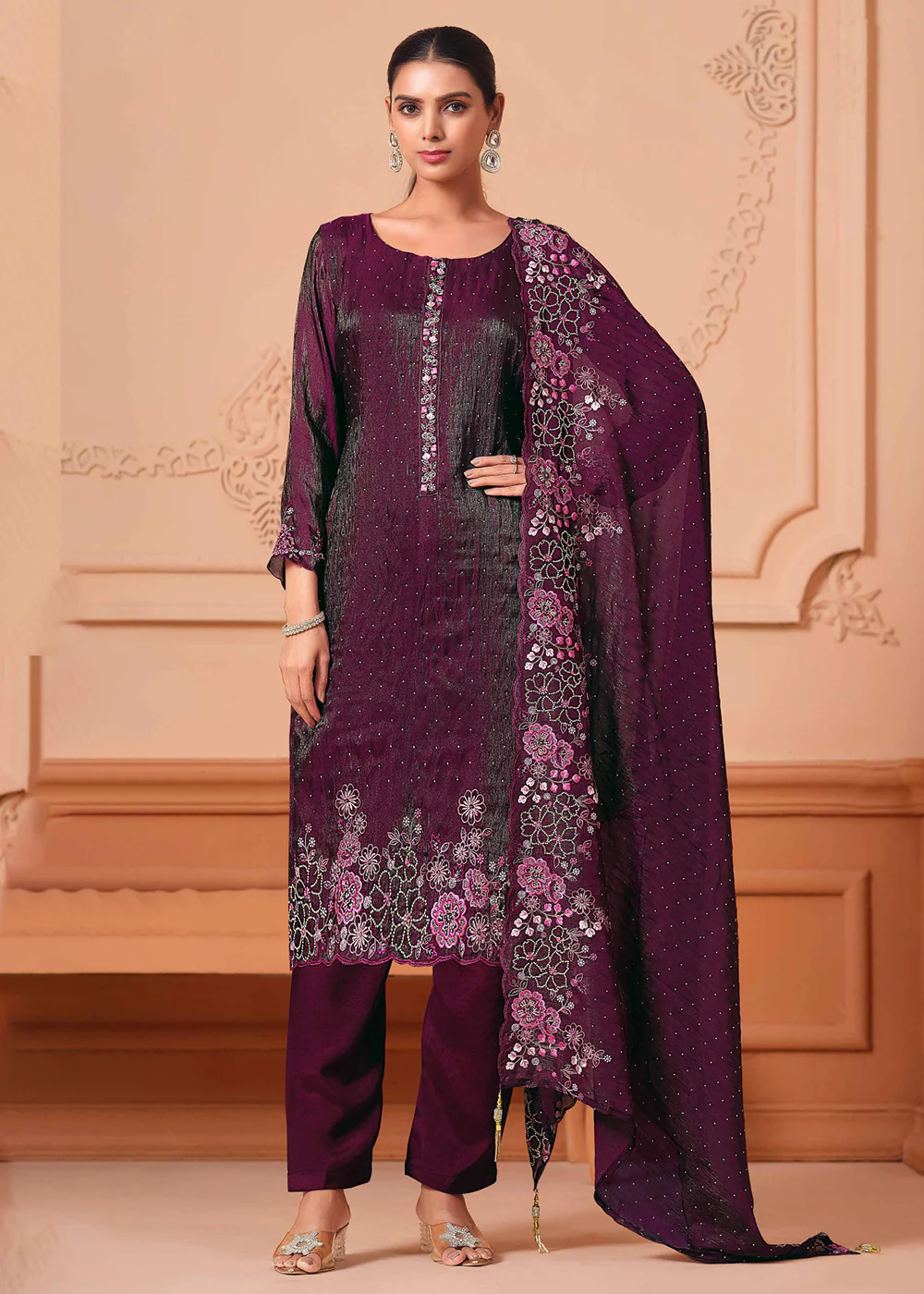 Pant Style Embroidered Wine Festive Wear Salwar Suit