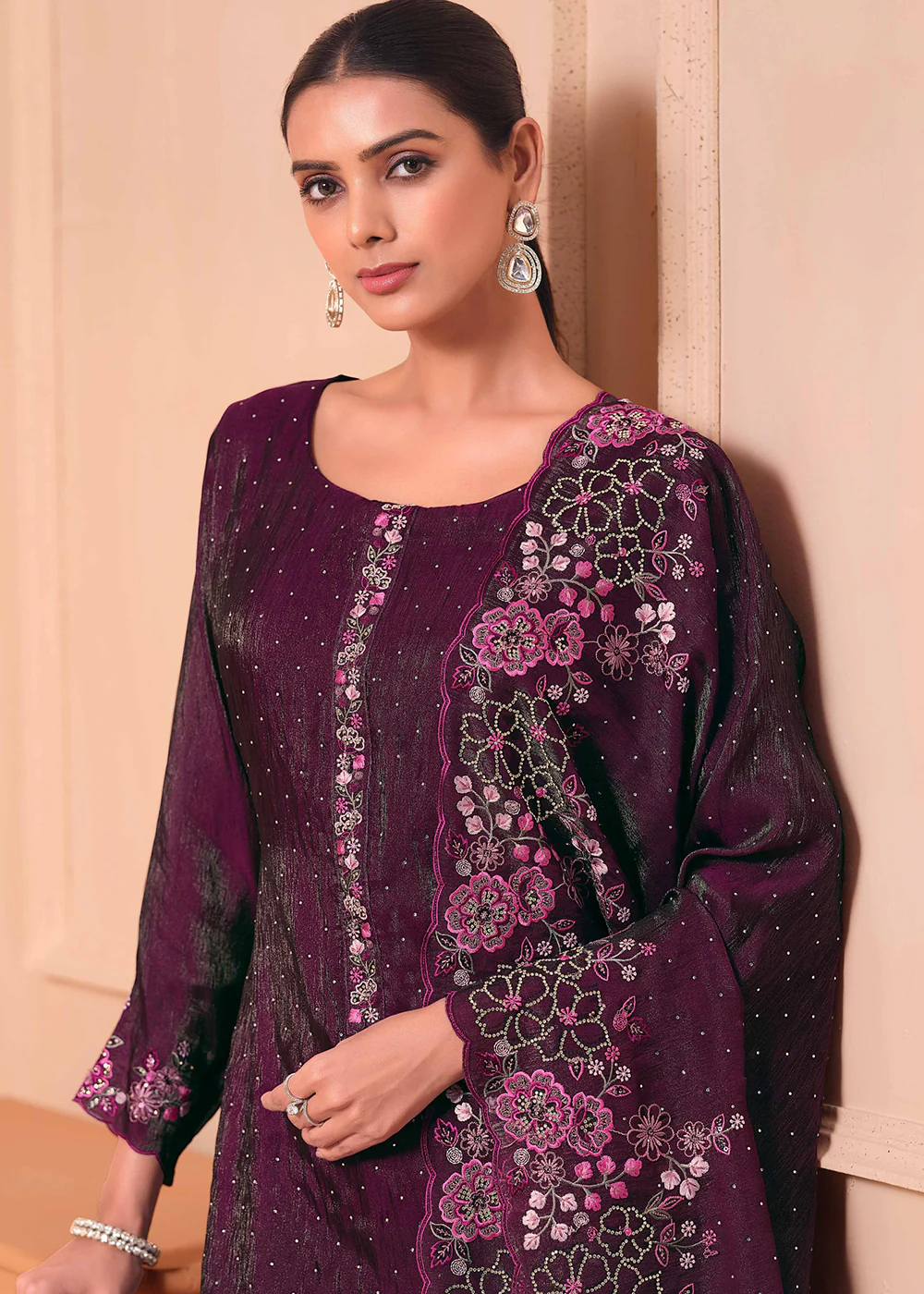 Pant Style Embroidered Wine Festive Wear Salwar Suit - Image 2