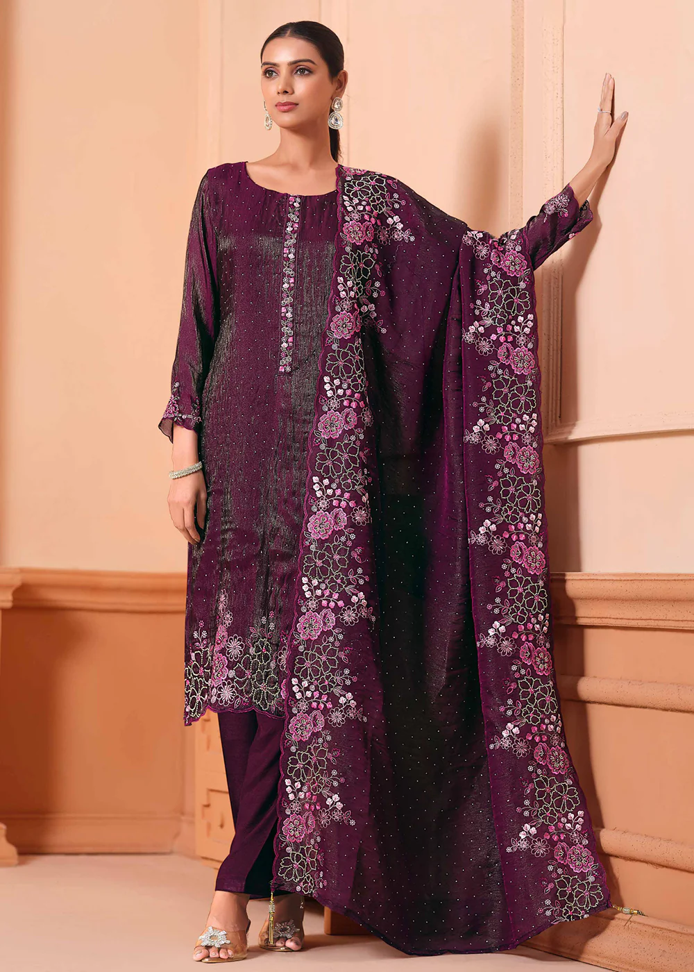 Pant Style Embroidered Wine Festive Wear Salwar Suit - Image 3