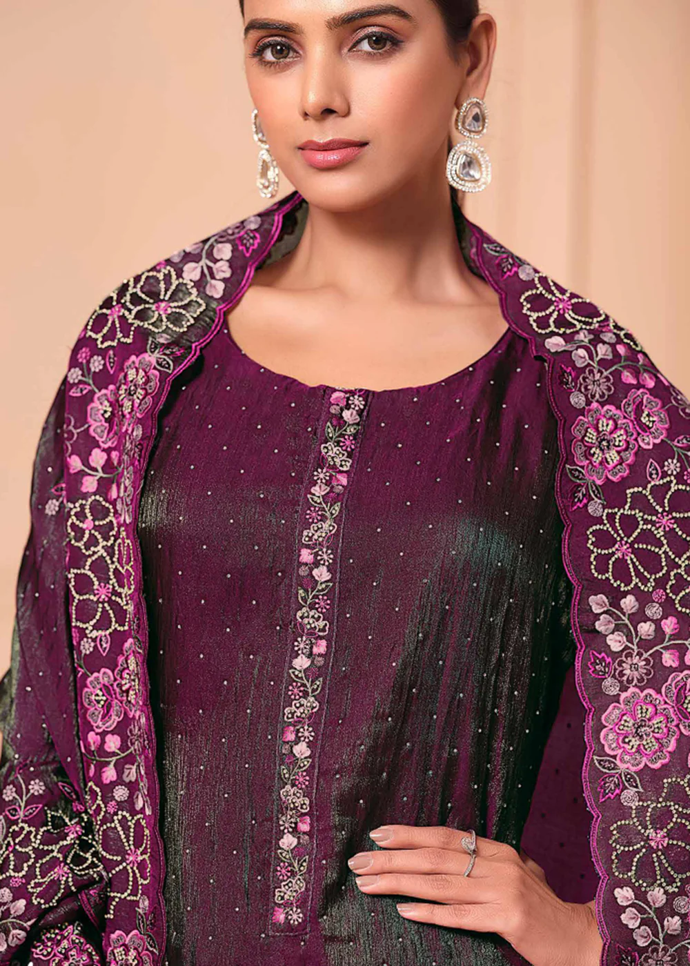 Pant Style Embroidered Wine Festive Wear Salwar Suit - Image 4
