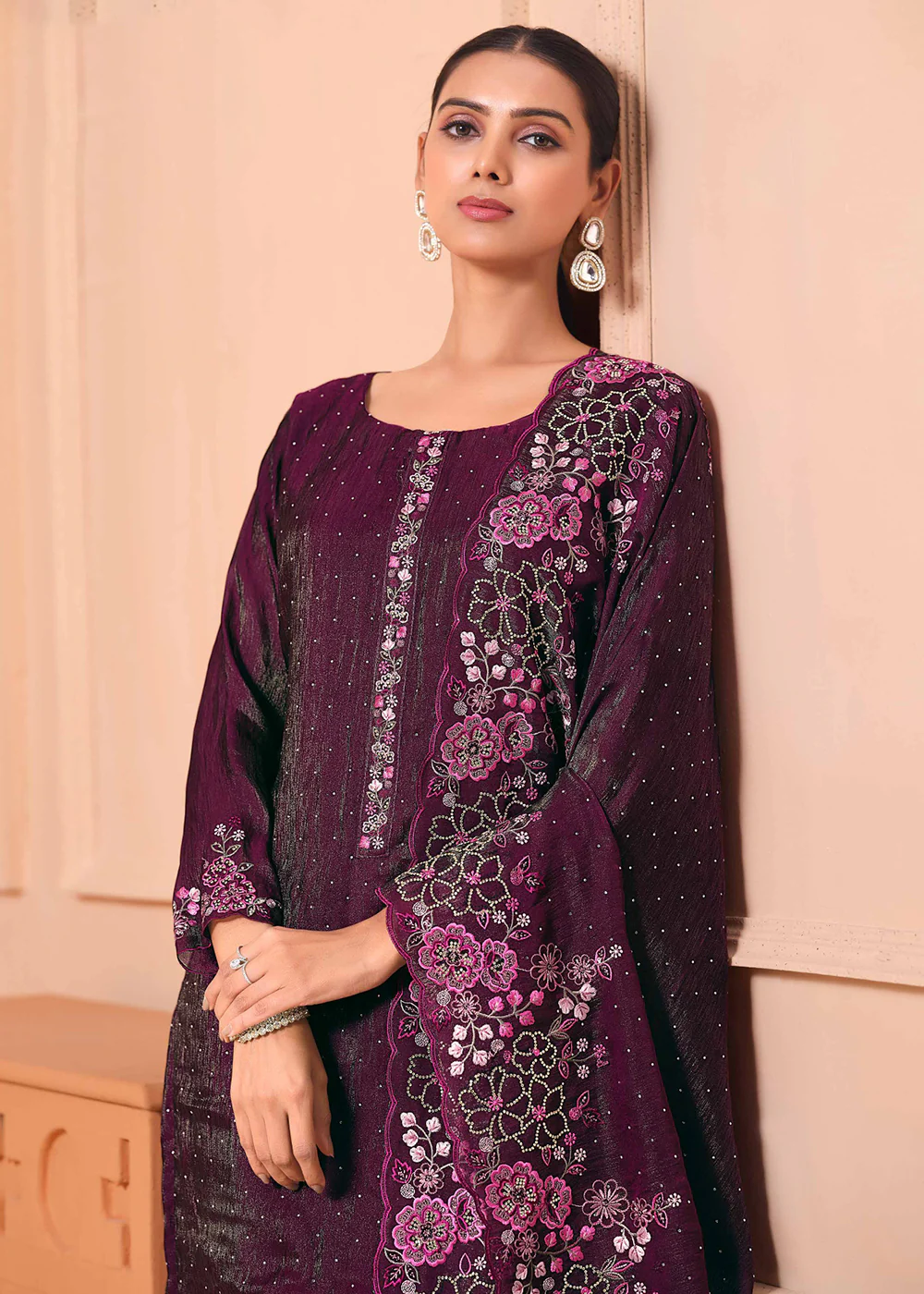 Pant Style Embroidered Wine Festive Wear Salwar Suit - Image 5