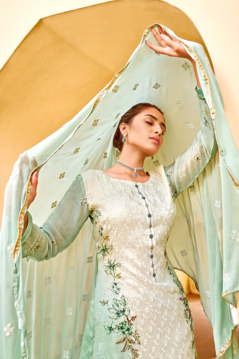 Pant Style Green & Cream Embroidered Pure Viscose Suit - Image 3