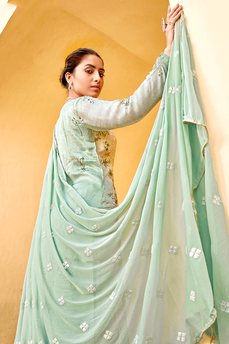 Pant Style Green & Cream Embroidered Pure Viscose Suit - Image 4