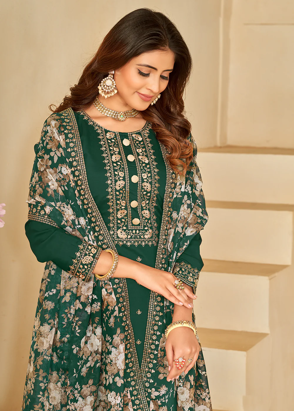 Pant Style Green Silk Embroidered Ethnic Salwar Kameez - Image 2