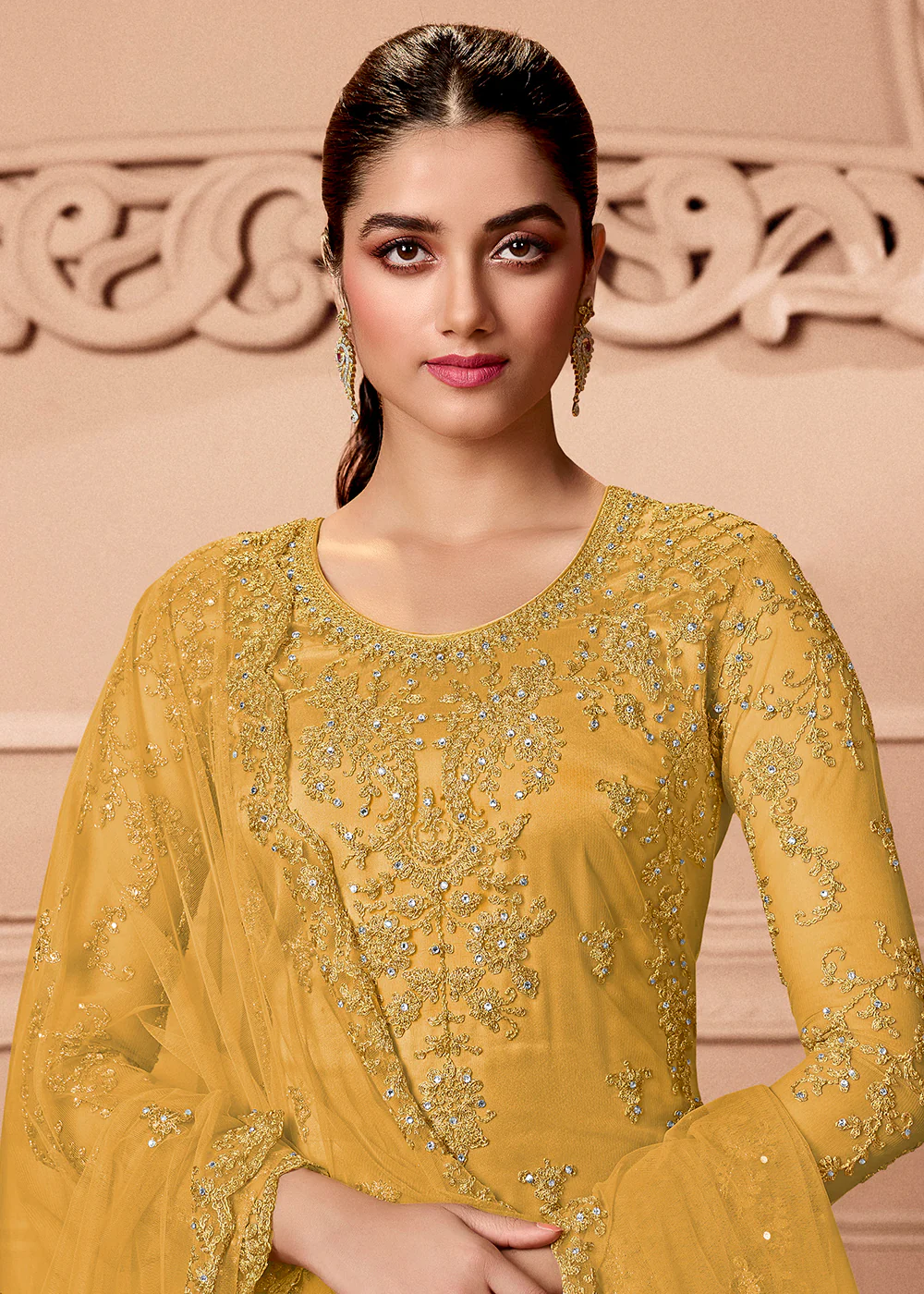 Pant Style Haldi Yellow Embroidered Wedding Salwar Suit - Image 2