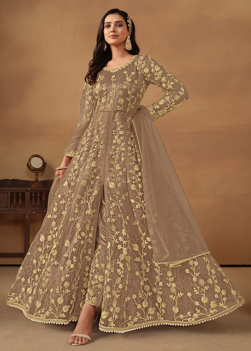 Pant Style Light Brown Embroidered Net Wedding Anarkali Suit