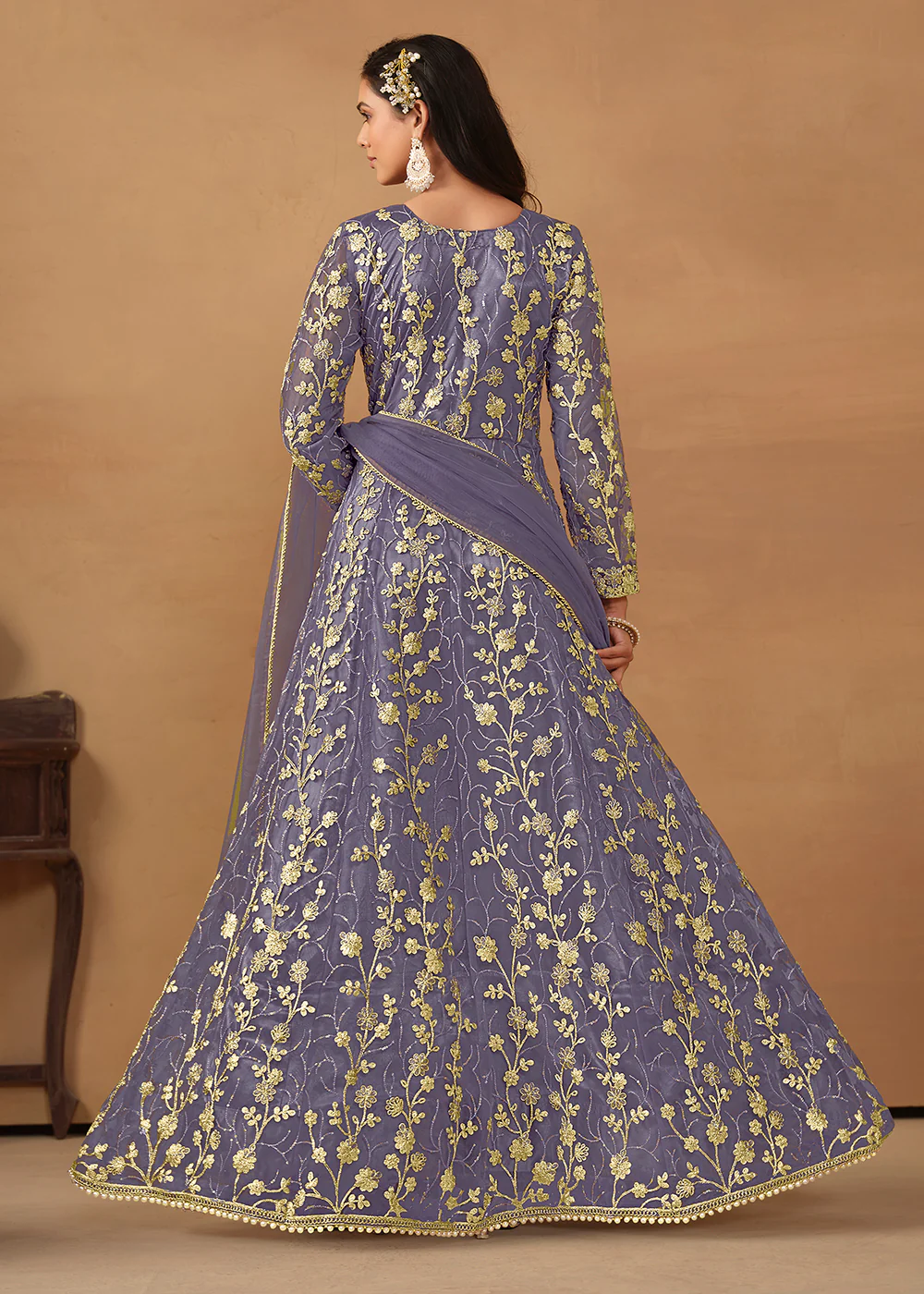 Pant Style Light Purple Embroidered Net Wedding Anarkali Suit - Image 3