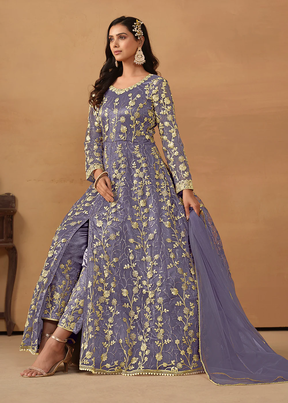 Pant Style Light Purple Embroidered Net Wedding Anarkali Suit - Image 4