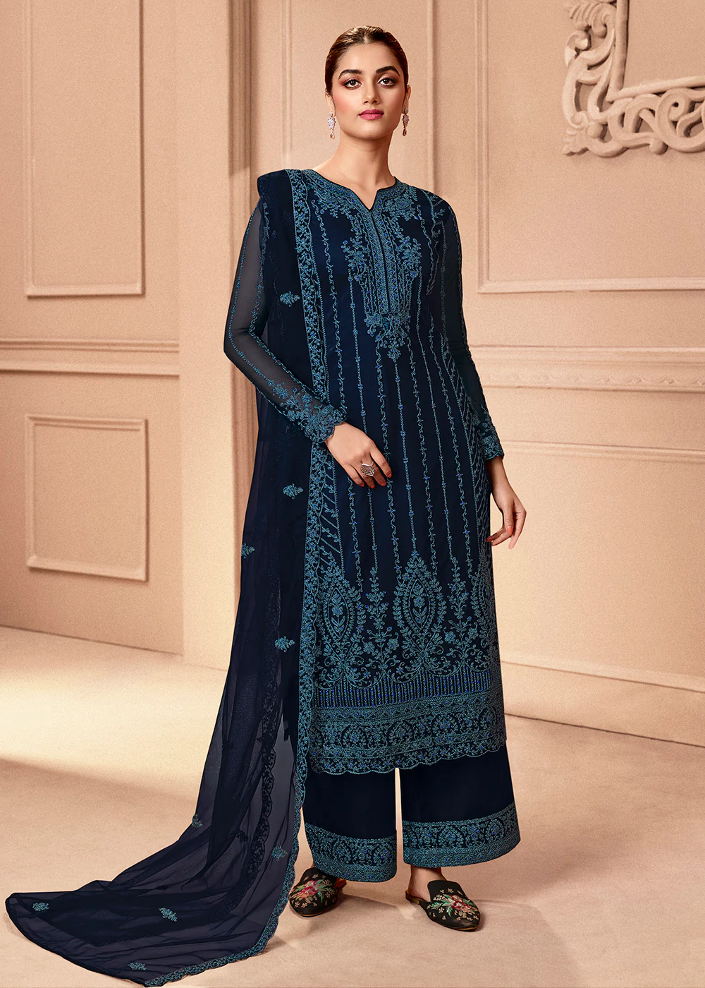 Pant Style Midnight Blue Embroidered Wedding Salwar Suit