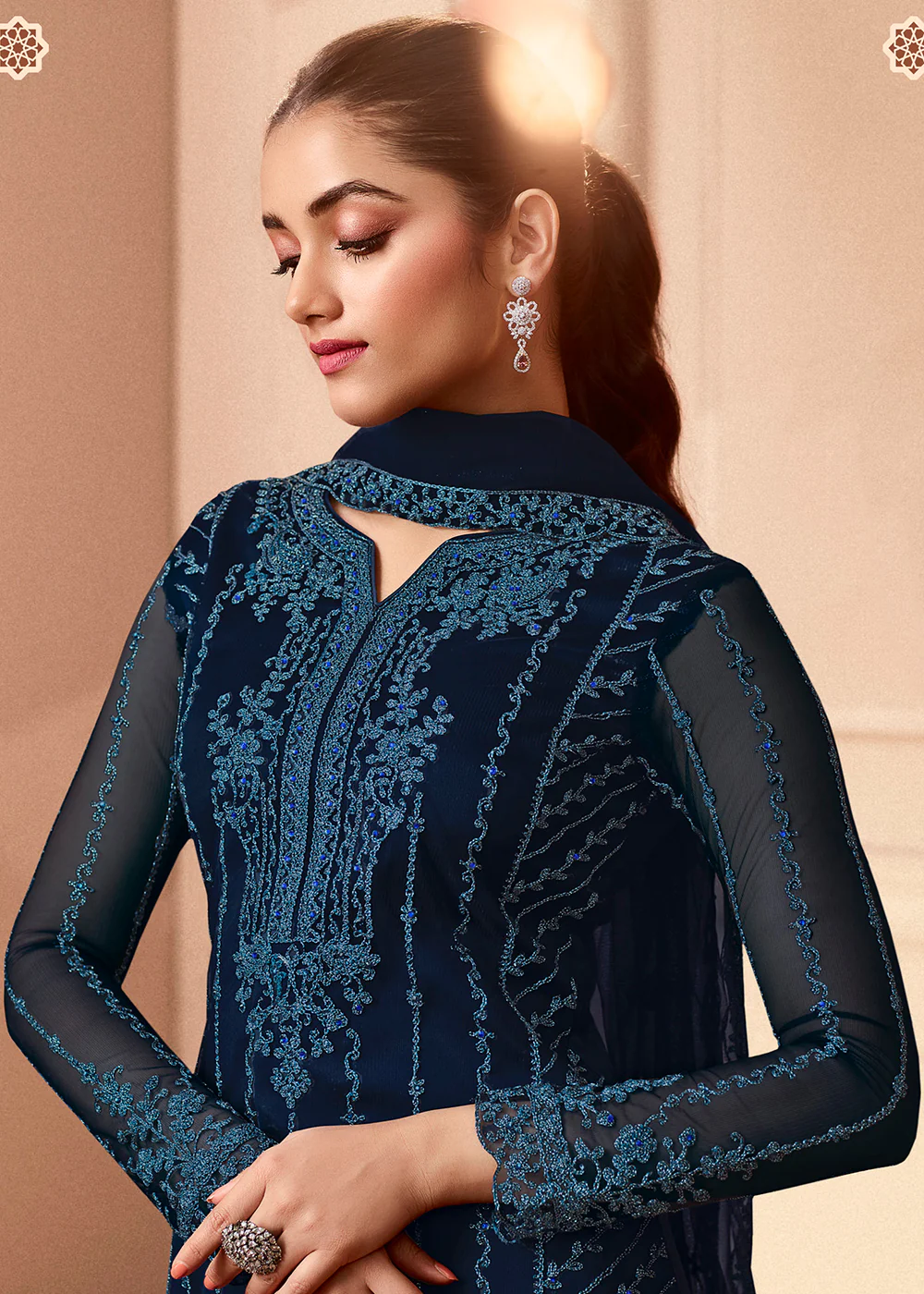 Pant Style Midnight Blue Embroidered Wedding Salwar Suit - Image 2