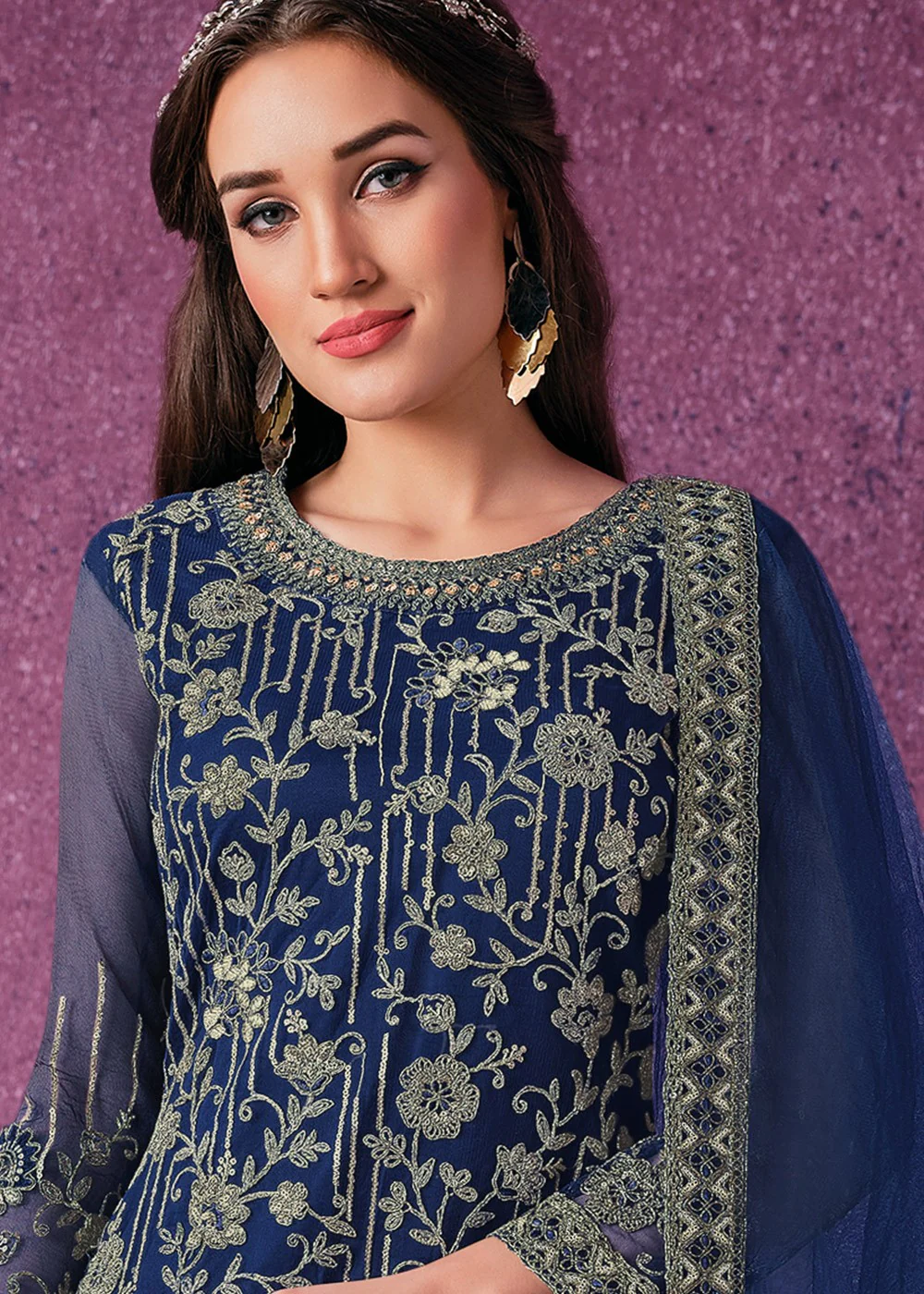 Pant Style Navy Blue Sequins Embroidered Designer Suit - Image 2
