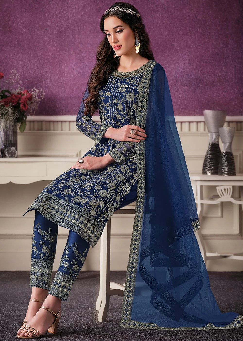 Pant Style Navy Blue Sequins Embroidered Designer Suit - Image 3