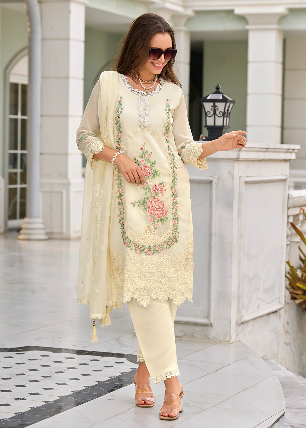 Pant Style Off White Organza Eid Style Salwar Suit