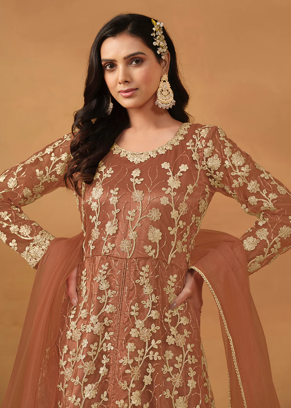 Pant Style Peach Embroidered Net Wedding Anarkali Suit - Image 2